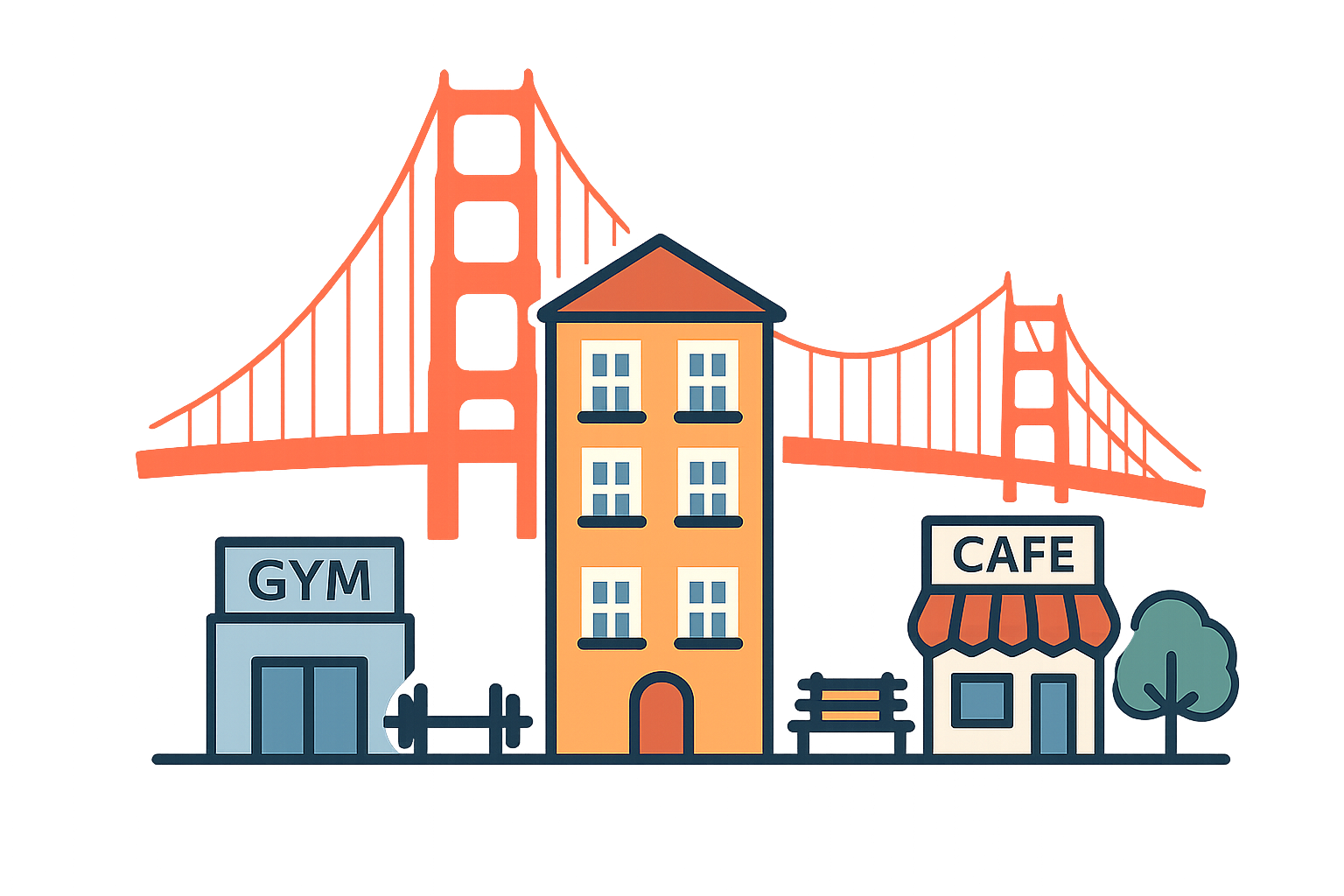 Stylized drawing of an apartment building between a gym and cafe, with the Golden Gate Bridge outline glowing in the background.