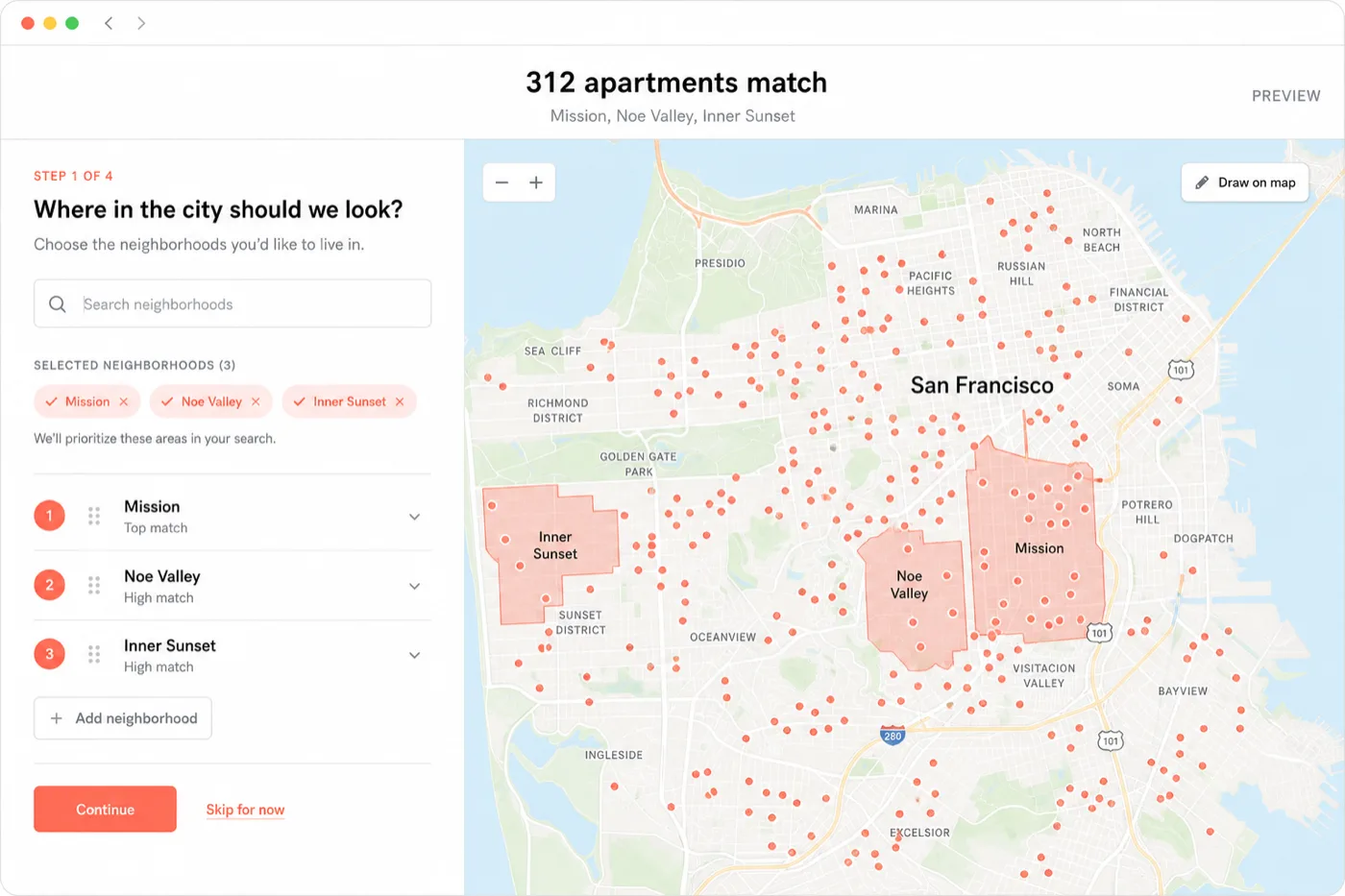 Onboarding step picking Mission, Noe Valley, and Inner Sunset with 312 apartment matches on the map